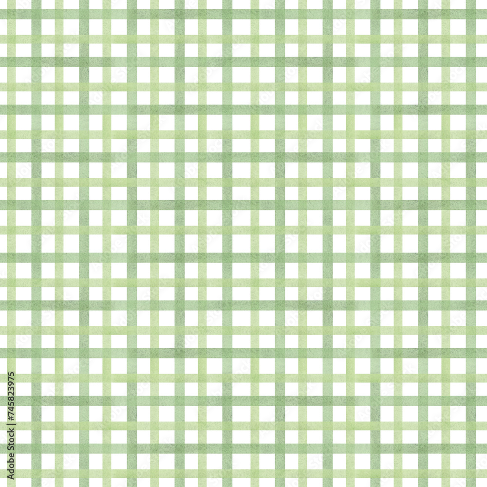 Seamless pattern with green watercolor stripes, a hand-drawn checkered pattern on a white background. This illustration is suitable for decoration of textiles, wrapping paper, packaging, wallpaper Seamless pattern with green watercolor stripes, a hand-drawn checkered pattern on a white background. This illustration is suitable for decoration of textiles, wrapping paper, packaging, wallpaper