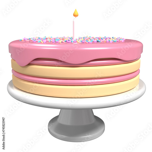 Cute birthday cake 3d rendering. Birthday cake with candle. Cute pink cake with candle and sprinkles. Pink cake and stand