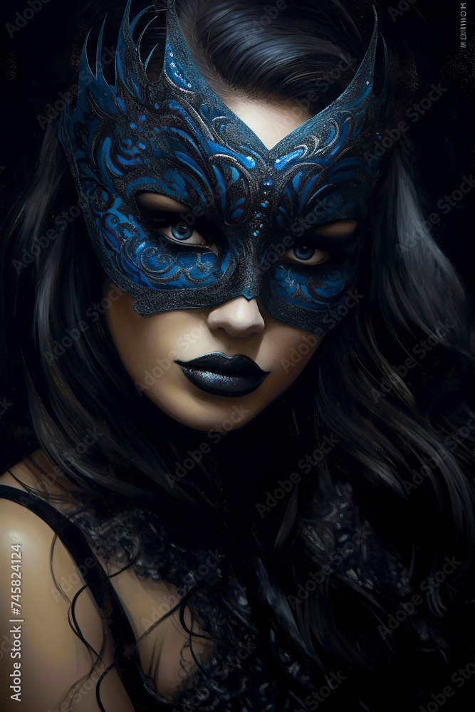 attractive brunette woman with a carnival mask, ai generativ