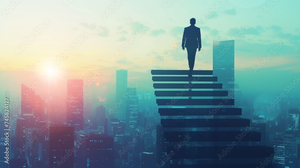 Illustrating the concept of professional ascent, a business man is portrayed climbing a hand-drawn staircase against the backdrop of a city skyline. 