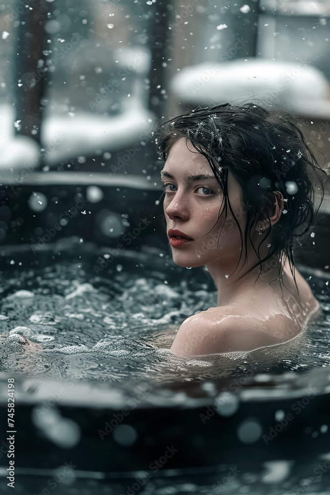 Obraz premium woman enjoying a warm soak in an outdoor hot tub amidst falling snow, ai generative