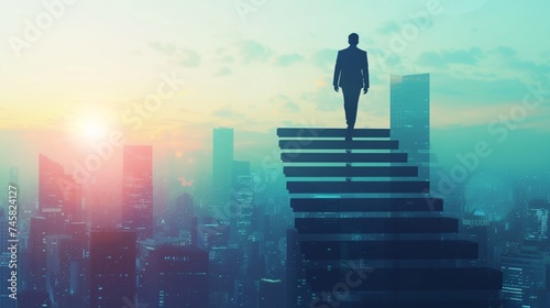 Illustrating the concept of professional ascent, a business man is portrayed climbing a hand-drawn staircase against the backdrop of a city skyline. 