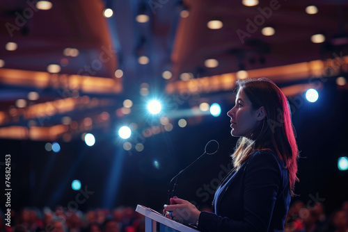 female speaker talking on business conference at convention center