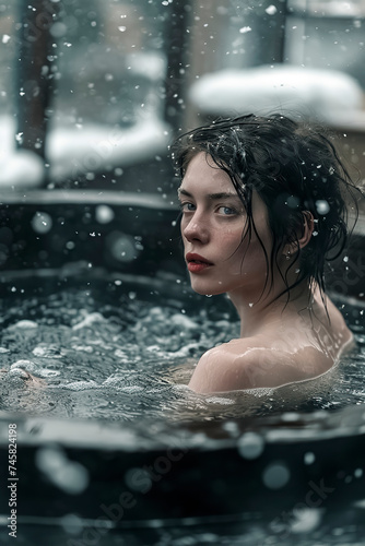 woman enjoying a warm soak in an outdoor hot tub amidst falling snow, ai generative