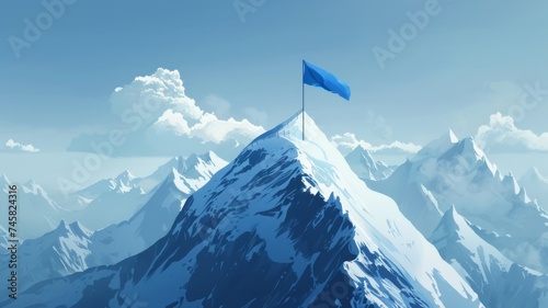 Blue flag atop snow-capped peak - A digital painting of a blue flag marking the summit of a snow-capped mountain range