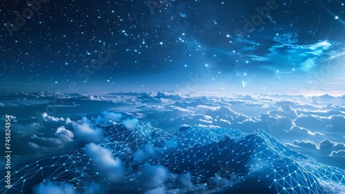 Celestial digital network over a clouded sky - A dreamlike depiction of a digital network over a night sky, implying the vastness of data and connectivity © Mickey