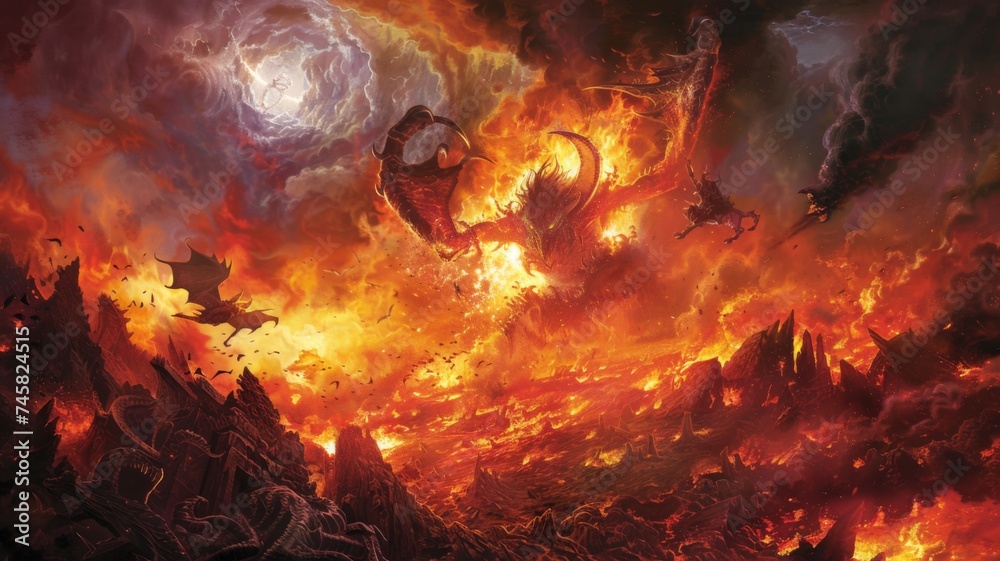 Dragons in a fiery apocalyptic landscape - An epic, detailed scene depicting dragons soaring through a fiery, apocalyptic environment