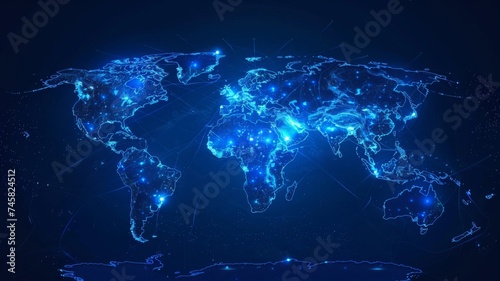 Digitally ed blue world map network - An intricate digital ing of a world map network with glowing connections symbolizing global communication and data