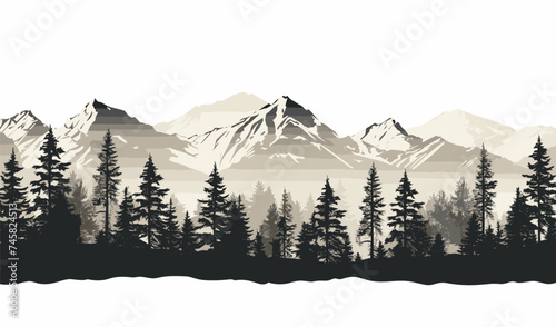 Black and white mountain range wall art, symbolic landscapes trees stencil art outdoor scenes vector illustratio
