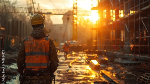 Firefighter at sunset in industrial site - A firefighter overseeing a construction site at sunset, reflecting on the day's work and the safety of the crew