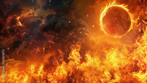 Fiery cosmic scene with blazing sun and clouds - A vibrant artwork showing a scorching sun amidst clouds, evoking a sense of heat