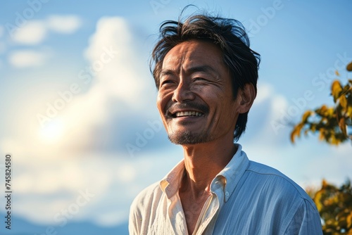 空を背景に微笑むアジア人のシニア男性, Generative AI