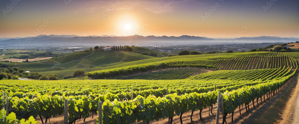 Black grape on vineyards background, winery at sunset, panoramic view banner. 