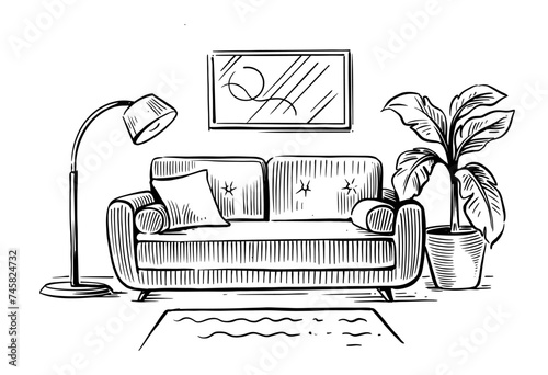 Sofa drawings sketch style. Room interior