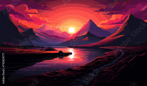 black mountain at sunset, dramatic landscape illustration vector photo