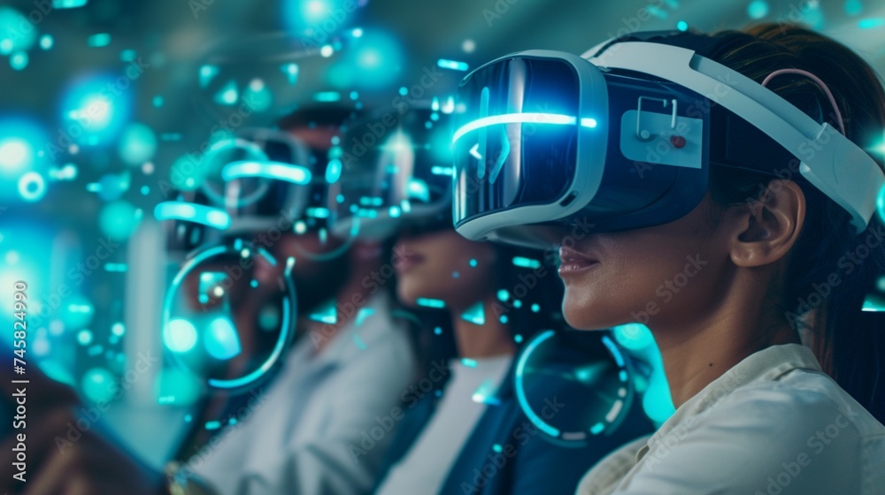 Team members engaged in a virtual reality team-building exercise, fostering creativity and teamwork in a futuristic office. 8K Team members engaged in a virtual reality team-building exercise, fostering creativity and teamwork in a futuristic office. 8K