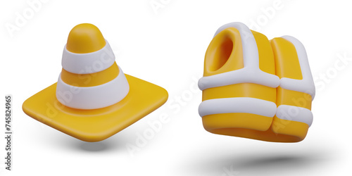Striped signal cone, bright vest with reflective stripes. Equipment for builders, repairmen