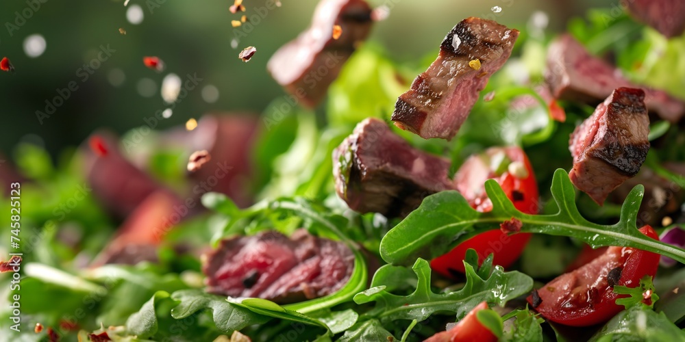 Pieces of grilled meat fly with salad. Falling lettuce and meat. Background for a website and social networks about healthy eating. Pieces of grilled meat fly with salad. Falling lettuce and meat. Background for a website and social networks about healthy eating.