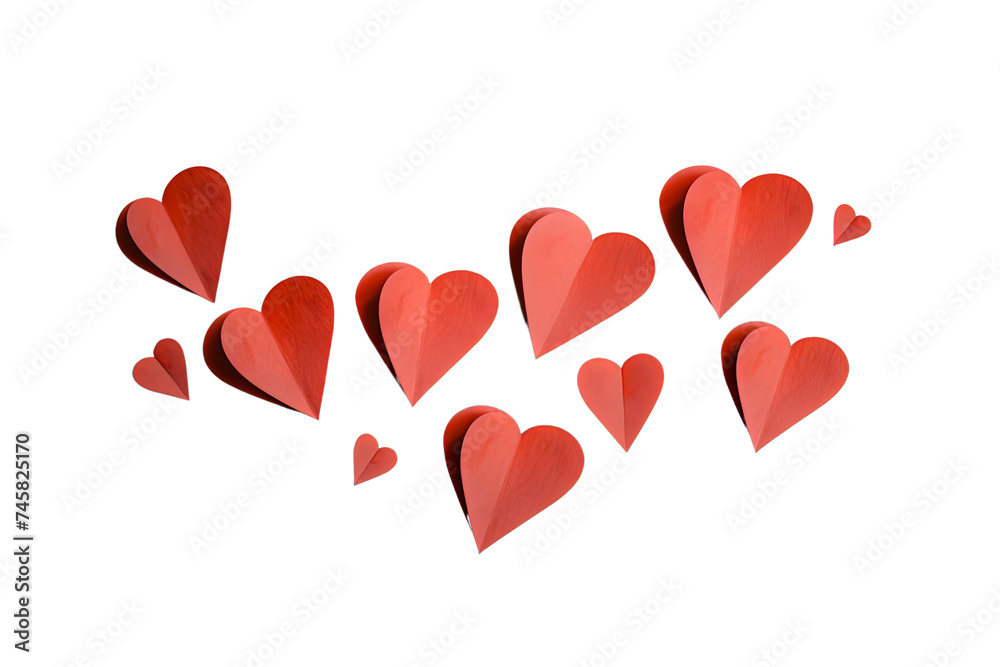Flying red paper hearts on white background. Valentine's Day. Symbol of love. Copy space. isolated on transparent background.