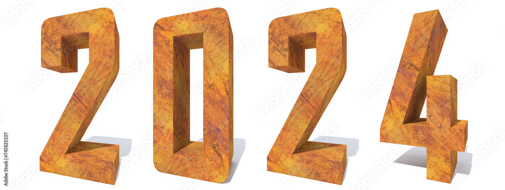 Concept or conceptual 2024 year made of old, rusted metal isolated on white background. An abstract 3D illustration as a  metaphor for future, real estate, industry prosperity or business growth