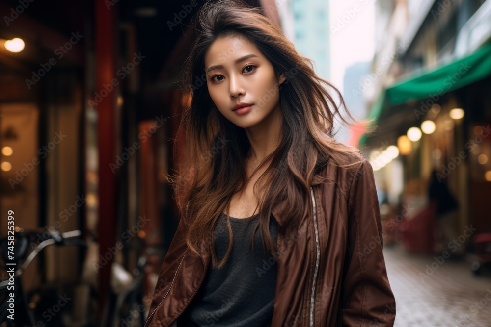 Portrait of a beautiful asian woman with long brown hair.