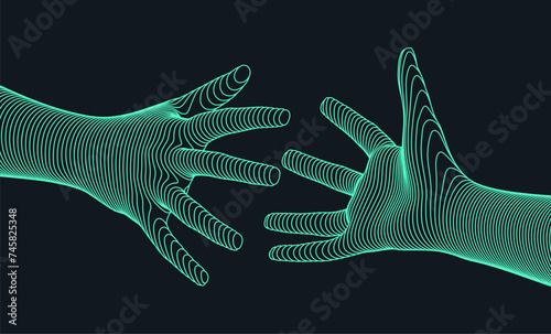 Hands reaching towards each other. The concept of mutual aid. 3D vector illustration. Can be used for advertising, marketing or presentation.