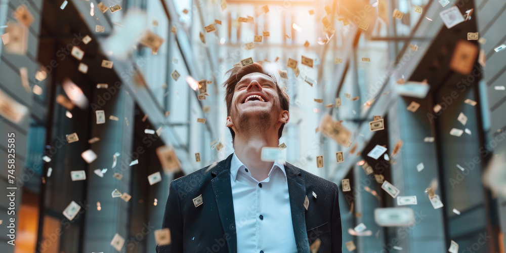 Happy businessman impressed having a lot of flying money around, successful with a new project, Finance and earning concept - obrazy, fototapety, plakaty 