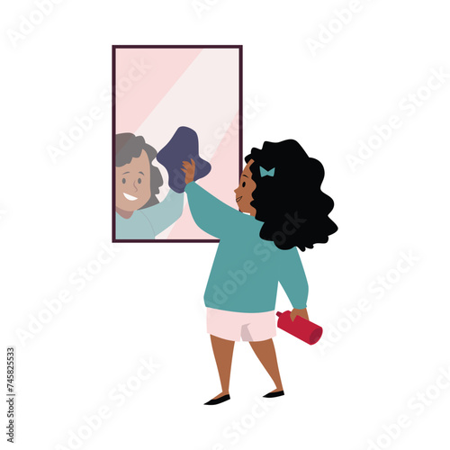 Cute girl cleaning mirror with rag and detergent spray, vector cartoon children cleaning duty, housework chores