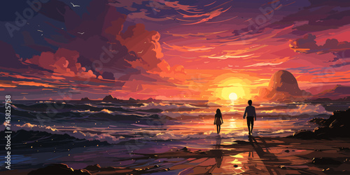 boy and girl running on the beach to see the sunrise on the horizon, digital art style, illustration painting
