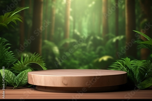 Wooden Podium in Lush Tropical Forest  Showcase Your Product in Paradise