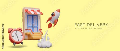 Advertising fast delivery. Door of online store, alarm clock, space rocket takes off