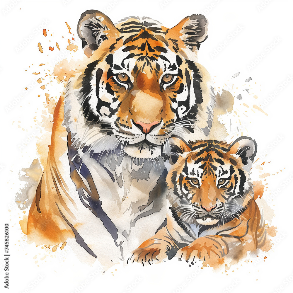 Obraz premium Watercolor cartoon illustration of a regal tiger and her cub, isolated on a white background
