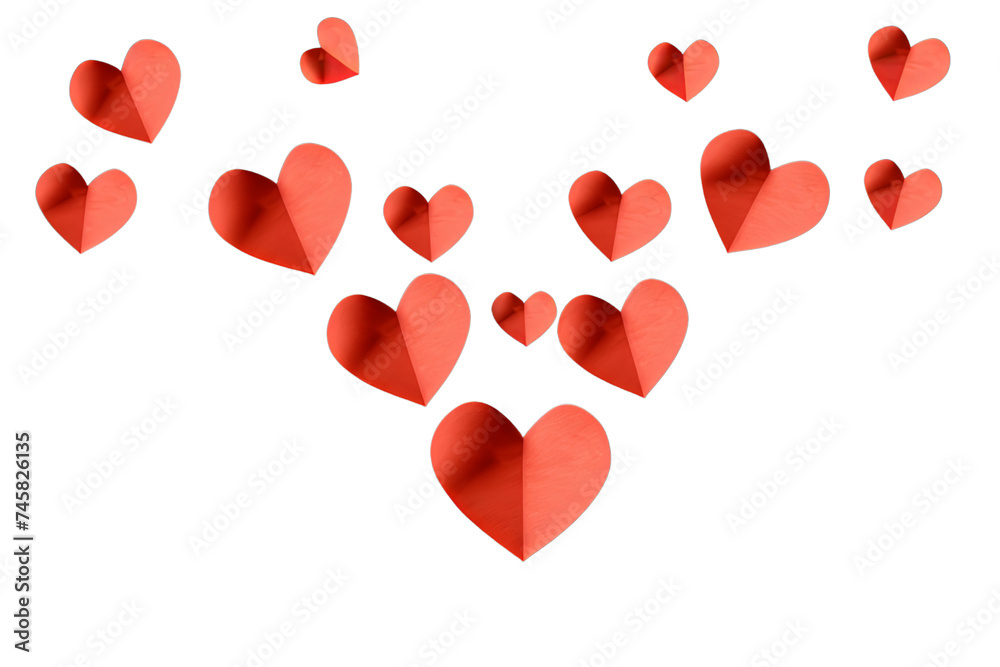 Flying red paper hearts on white background. Valentine's Day. Symbol of love. Copy space. isolated on transparent background.