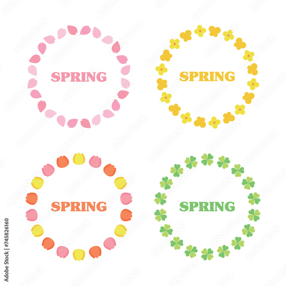 Spring season concept circular border frame illustration set. Flowers, cherry blossoms, butterflies, tulips, forsythia, rape flowers, clover, petals. Spring season concept circular border frame illustration set. Flowers, cherry blossoms, butterflies, tulips, forsythia, rape flowers, clover, petals.