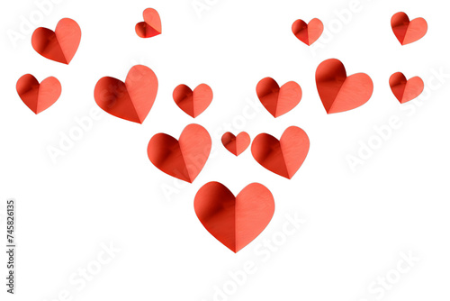 Flying red paper hearts on white background. Valentine s Day. Symbol of love. Copy space. isolated on transparent background.
