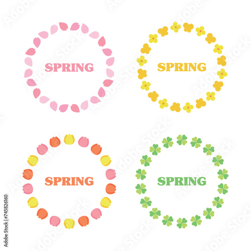 Spring season concept circular border frame illustration set. Flowers, cherry blossoms, butterflies, tulips, forsythia, rape flowers, clover, petals.
