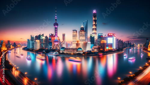 Shanghai skyline at dusk  reveals the city s shimmering lights reflecting on the Huangpu River  creating a mesmerizing blend of urban architecture and luminous water