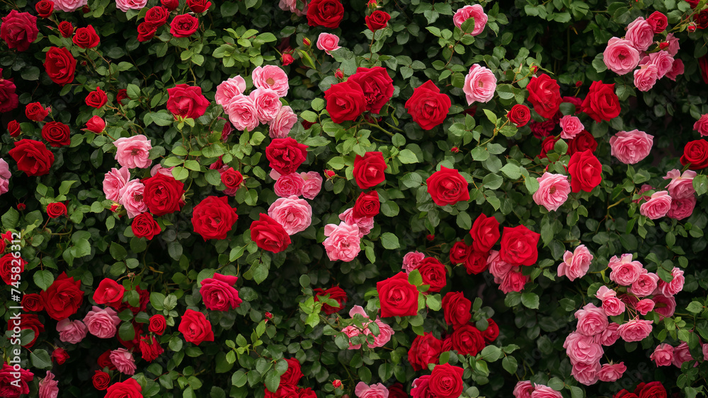 field of red rose and pink rose garden
