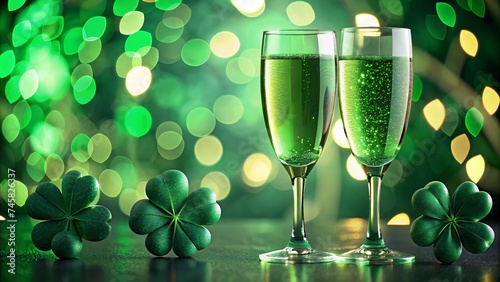 Two glasses of champagne with clover leaves on bokeh background, St. Patrick's Day celebration.