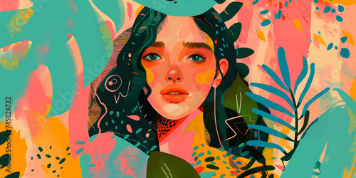 colorful art painting of dwoman's hopeful face in abstract patter, modern illustration