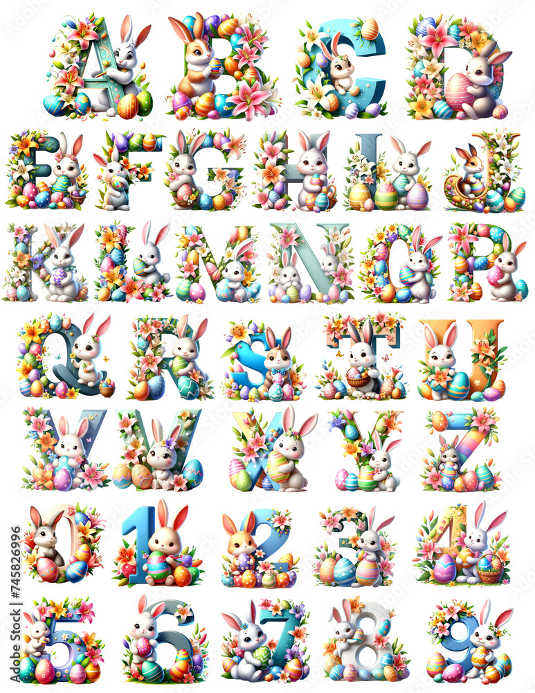 Fototapeta premium 36 PNG alphabet clipart set, Easter eggs cute easter bunny letters, illustrations Planner elements for Commercial use