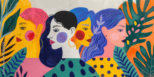 diverse women side profile view  colorful art modern illustration  monstera leaves