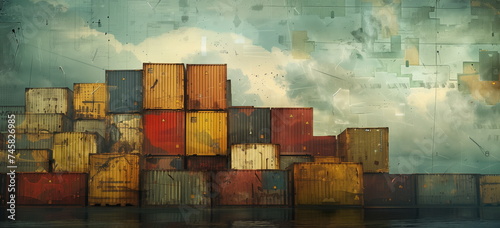 Story of a cargo containers at the harbor dock type of gunge oil painting illustration. World trade, freight, cargo business concept.  photo