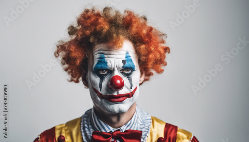 adult clown with tears flowing and sad facial expression, isolated white background.