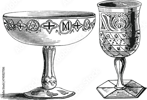Wine glass, wine cup, chalice or goblet vintage engraving illustrations