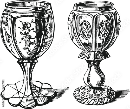 Wine glass, wine cup, chalice or goblet vintage engraving illustrations