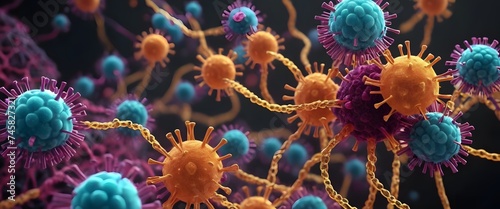 An illustrative depiction of various viruses linked by filamentous structures, showcasing a network of infection. The image symbolizes inter-viral communication and the complexity of pathogenic photo