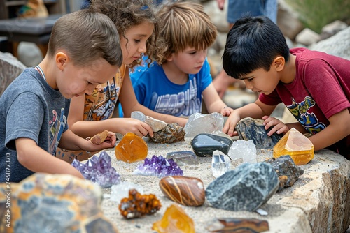 Children Engaging in Educational Gemstone Activity photo