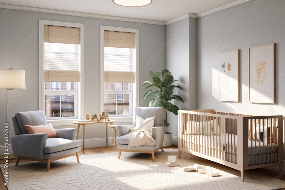 Minimalist room with white furniture and relaxing and baby crib - obrazy, fototapety, plakaty 