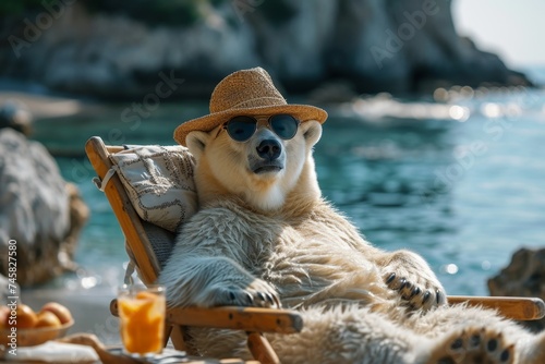 A polar bear in a hat and glasses is relaxing on the beach in a chaise longue drinking orange juice. 3d illustration photo
